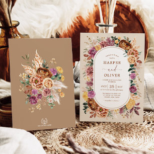 Herfst Boho Terracotta Paarse Floral Wedding Kaart