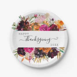 Herfst Boho Waterverf Bloemen Thanksgiving Papieren Bordje