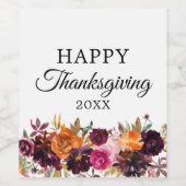 Herfst Boho Waterverf Bloemen Thanksgiving Wijn Etiket (Enkel label)