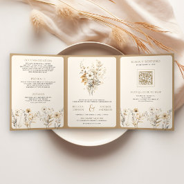 Herfst Boho Wilde Bloem Foto QR Code Trouwen Drieluik Uitnodiging