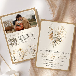 Herfst Boho Wilde Bloem Foto QR Code Trouwen Kaart