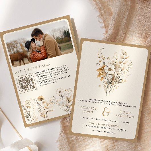 Herfst Boho Wilde Bloem Foto QR Code Trouwen Kaart