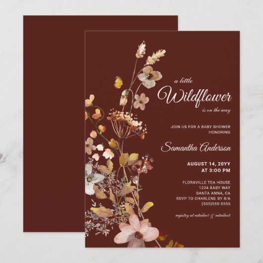 Herfst Boho Wildflower Bourgondië Baby shower Kaart (Voorkant / Achterkant)