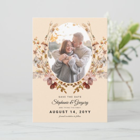 Herfst Boho Wildflower Foto Bruiloft Save The Date (Staand voorkant)