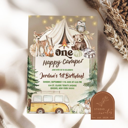 Herfst Boho Woodland Boy Happy camper 1st Birthday Kaart