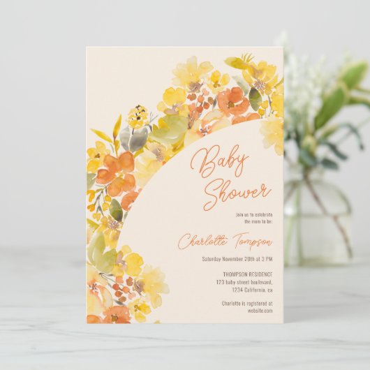 Herfst Boho Yellow Flowers Script baby shower Kaart (Staand voorkant)
