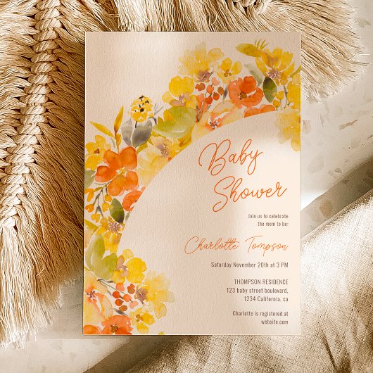 Herfst Boho Yellow Flowers Script baby shower Kaart