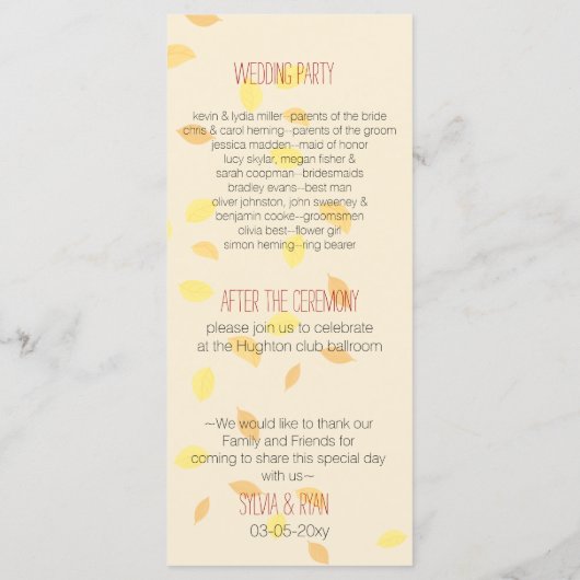 herfst boom, herfst bruin bladeren bruiloft progra programmakaart (Achterkant)