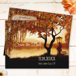 Herfst Boom Meer Uitzicht Save the Date Ansichtkaa Aankondigingskaart