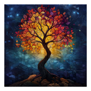Herfst Boom Mozaïek Geometrische Straling Perfect Poster