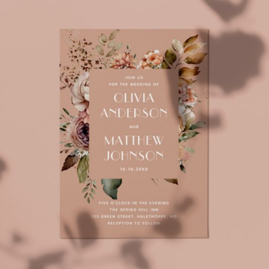 Herfst bord roze bloemenbruiloft QR-code details Kaart