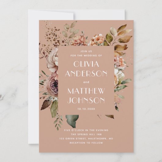 Herfst bord roze bloemenbruiloft QR-code details Kaart (Voorkant)