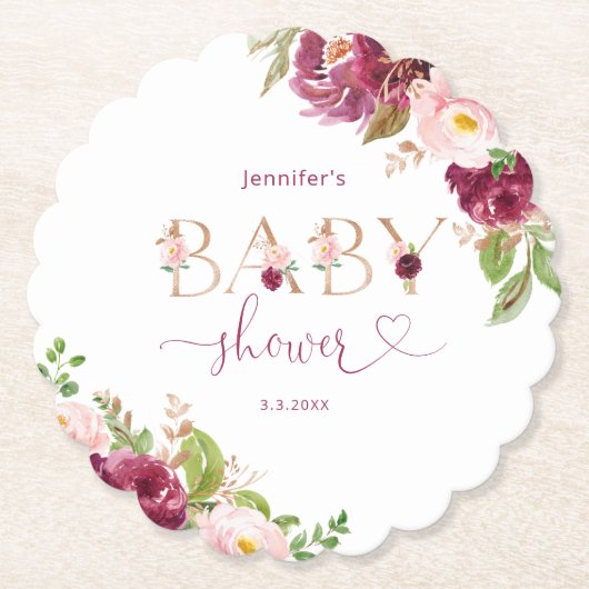 Herfst bordeaux bloemengoud folie baby shower kartonnen onderzetters (Voorkant)