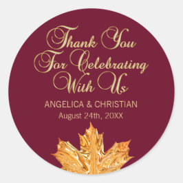 Herfst bordeaux gouden esdoornblad dank u bruiloft ronde sticker