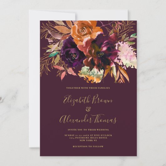 Herfst bordeaux perzik bruin goud roze bloemenbrui kaart (Voorkant)