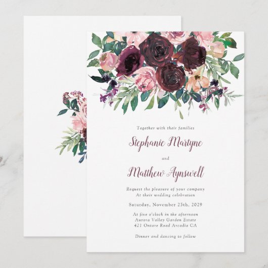 Herfst bordeaux stoffige blush perzik botanische b kaart (Voorkant / Achterkant)