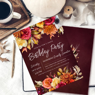 Herfst bordeauxrode bloemen chic schrift 100ste ve kaart
