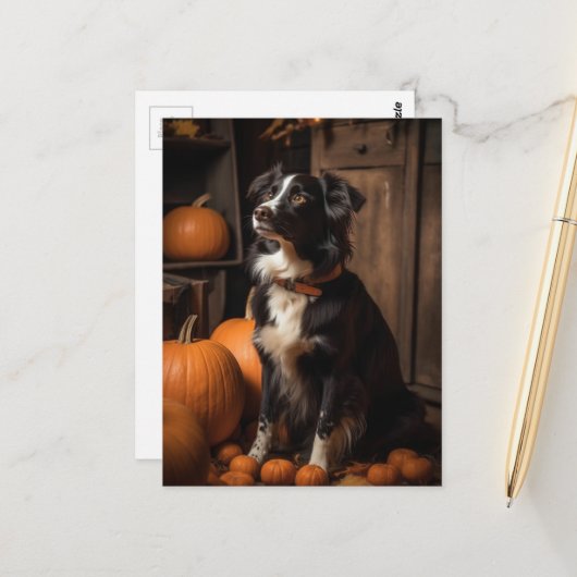 Herfst Border Collie en Pompoenen Briefkaart (Voorkant / Achterkant in situ)