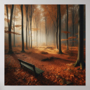 herfst bos bank muurprint, gouden bladeren mist poster