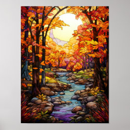 Herfst bos beek glas-in-lood raamontwerp poster