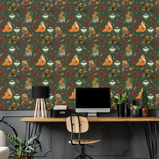 Herfst bos bosdieren groen patroon behang (Creator heeft geüpload)