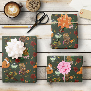 Herfst bos bosdieren groen patroon inpakpapier vel