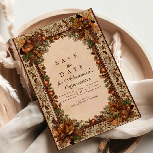 Herfst bos botanische Quinceañera Save The Date
