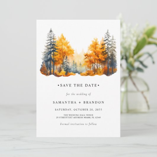 Herfst bos bruiloft save the date (Staand voorkant)