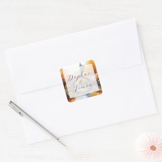 Herfst Bos Bruiloft Vierkante Sticker (Envelop)