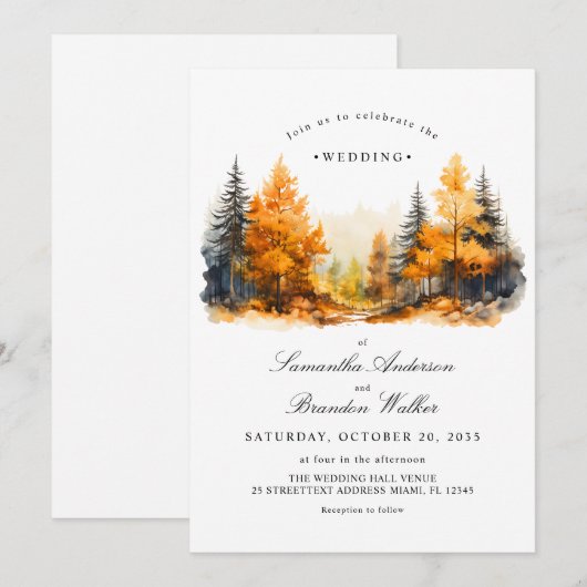 Herfst bos, dennenbomen trouw uitnodiging (Voorkant / Achterkant)