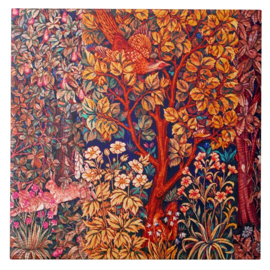 HERFST BOS DIEREN Hazen, fazant, rode bloemen Tegeltje (Voorkant)