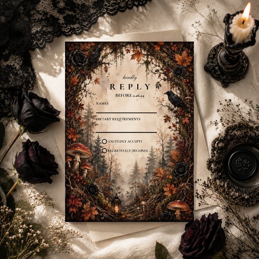 Herfst bos goth bruiloft RSVP kaartje