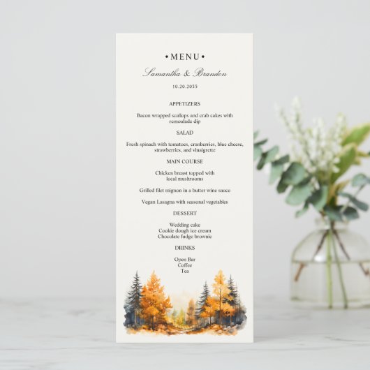 Herfst bos, herfst bos bruiloft diner menu (Staand voorkant)