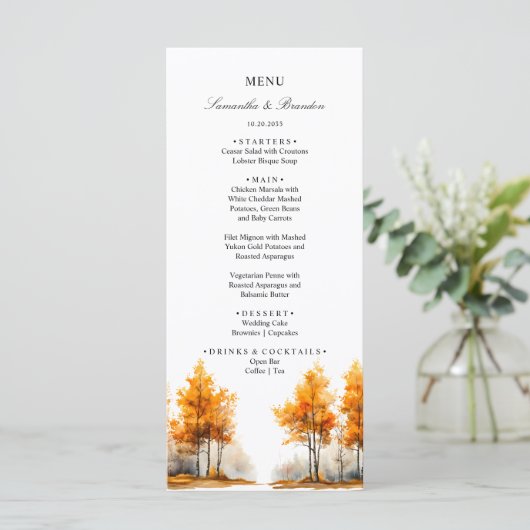 Herfst bos, herfst bos bruiloftsmenu menu (Staand voorkant)