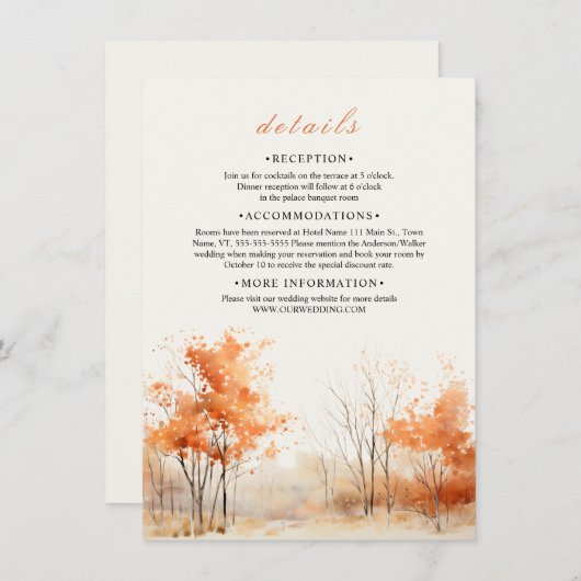 Herfst Bos Landschap bruiloft Details Informatiekaartje (Voorkant / Achterkant)