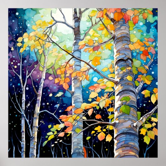Herfst Bos Nacht Schilderij Poster (Voorkant)