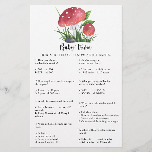 Herfst bos paddenstoel baby shower Baby Trivia (Voorkant)