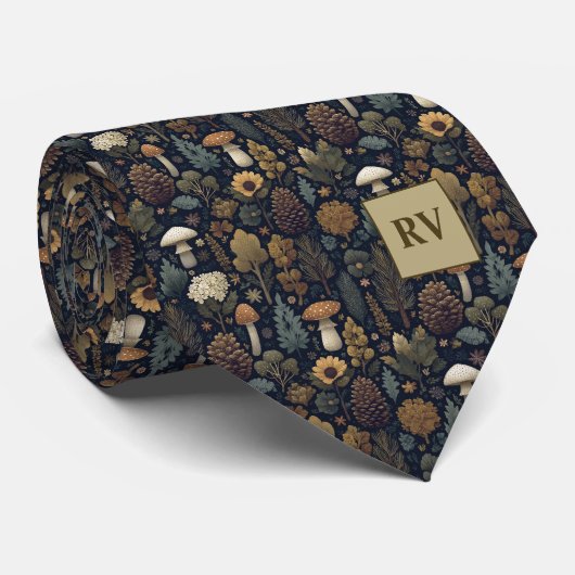 Herfst Bos Paddenstoel Denneappel Monogram Stropdas (Opgerold)