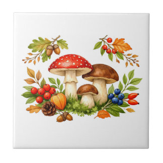 Herfst bos paddenstoelen, bessen en bladeren natuu tegeltje