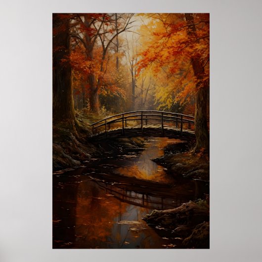 Herfst Bos Stroom Brug Kunstprint Donker Poster (Voorkant)