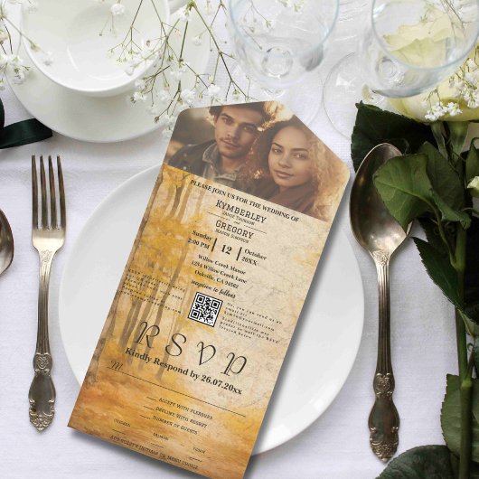 Herfst boscrème achtergrond foto QR code All In One Uitnodiging