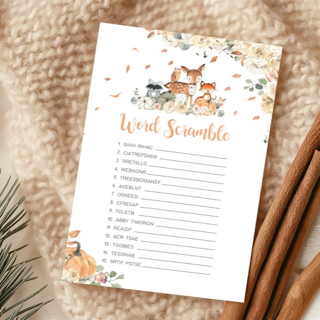Herfst Bosdier Woordzoekspel (Floral Woodland Animals Baby Shower Word Scramble Game)