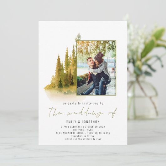 Herfst Bosfoto QR Code Olive Green Wedding Kaart (Staand voorkant)