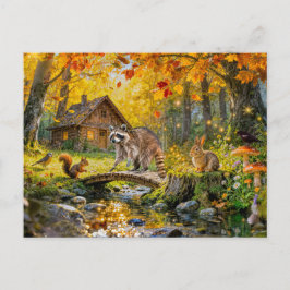 Herfst boshuisje met bosdieren en paddestoel briefkaart