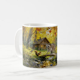 Herfst boshuisje met bosdieren en paddestoelen koffiemok
