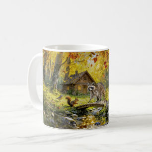 Herfst boshuisje met bosdieren en paddestoelen koffiemok