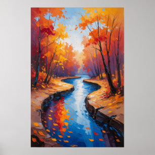 Herfst bospad met stromende beek landschap poster