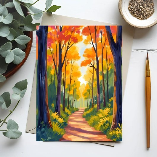 Herfst bospad | Waterverf herfstloof Briefkaart