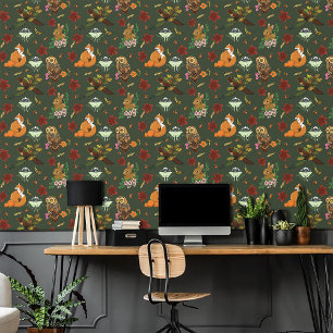 Herfst bosrijke bosdieren groen behang