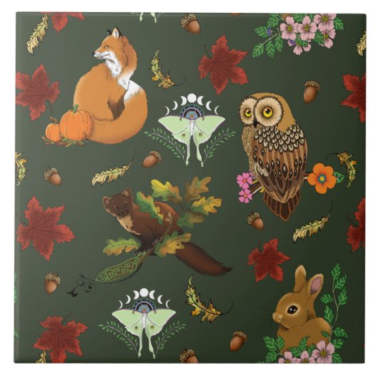 Herfst bosrijke bosdieren groen tegeltje (Voorkant)